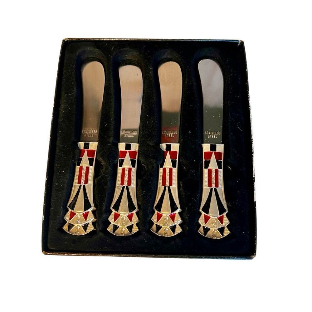 Vintage New Old Stock Bombay Set of 4 Art Deco Pate Knives Silver, Red, Black